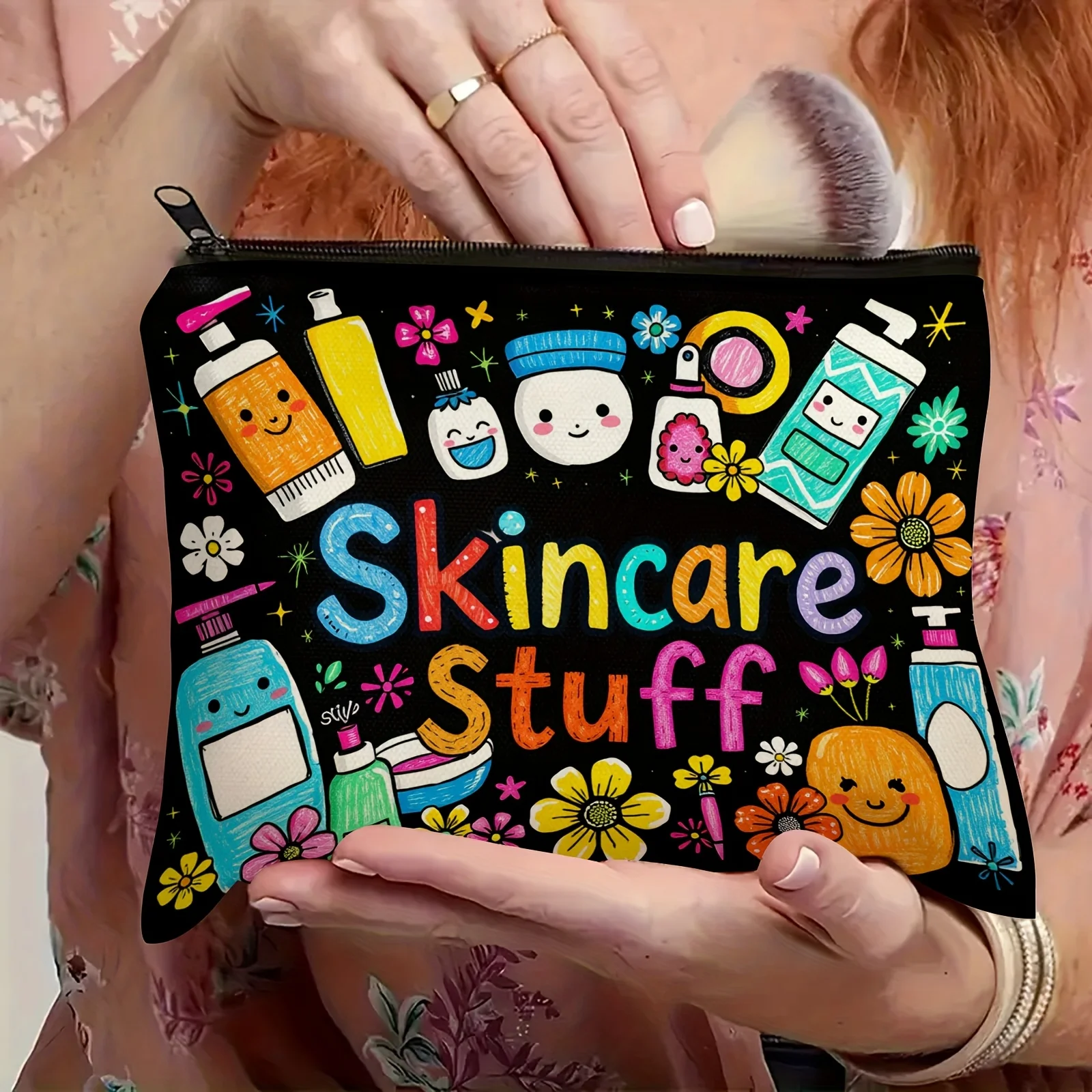 1 borsa per il trucco nera pastello per la cura della pelle, organizer leggero con cerniera con stampa cosmetica vibrante, custodia da toilette da viaggio, borsa per il trucco