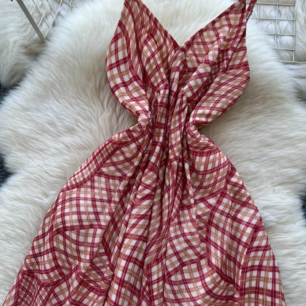 Chic vintage V-neck Plaid backless Ruched Elegant dress Fairy korean fashion Boho Sundress women clothing