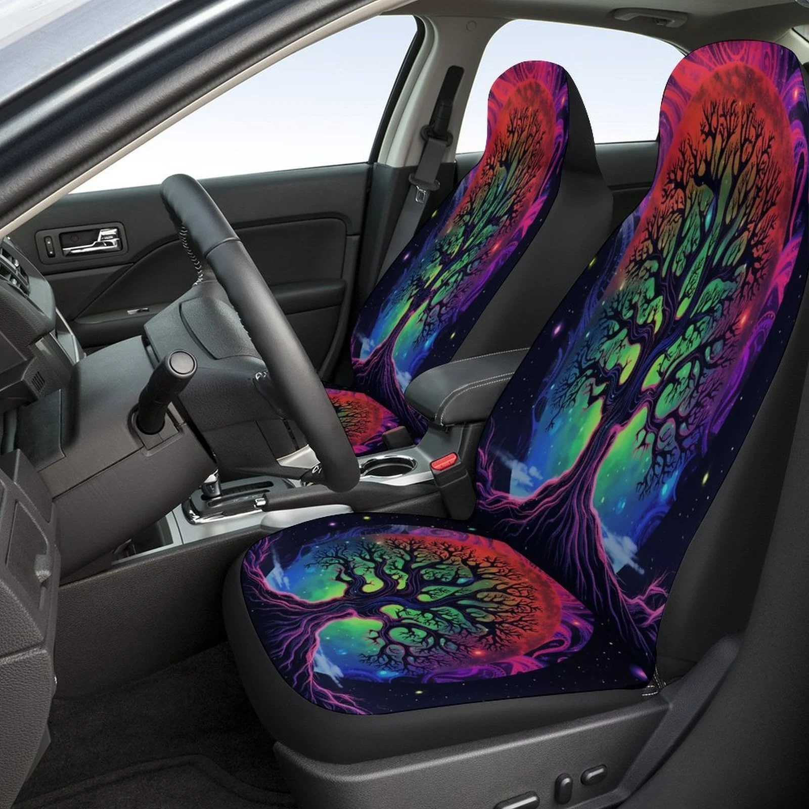 Set Of Car Seat Covers Featuring A Bohemian Tree Of Life Mandala Design, Suitable For Various Vehicles. This Full Set Includes P