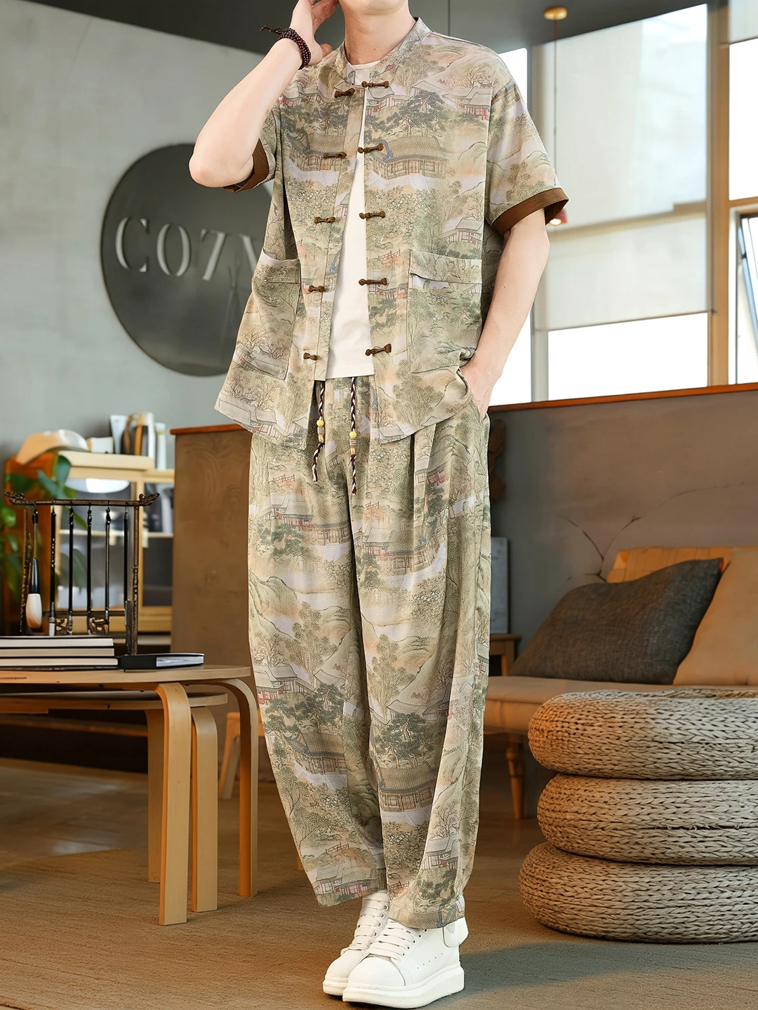 men's-ice-silk-sleepwear-short-sleeve-long-pants-outwear-home-clothes-set-summer-new-style-retro-print-comfortable-breathable