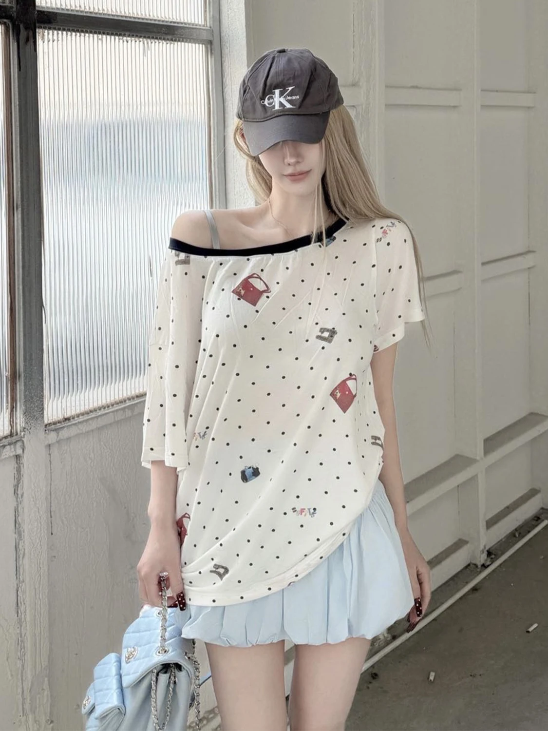 

Sofitte Summer New White Polka Dot Print Asymmetrical oulder Color Blo Ne Daily Commute ort Sve Women's T-s...