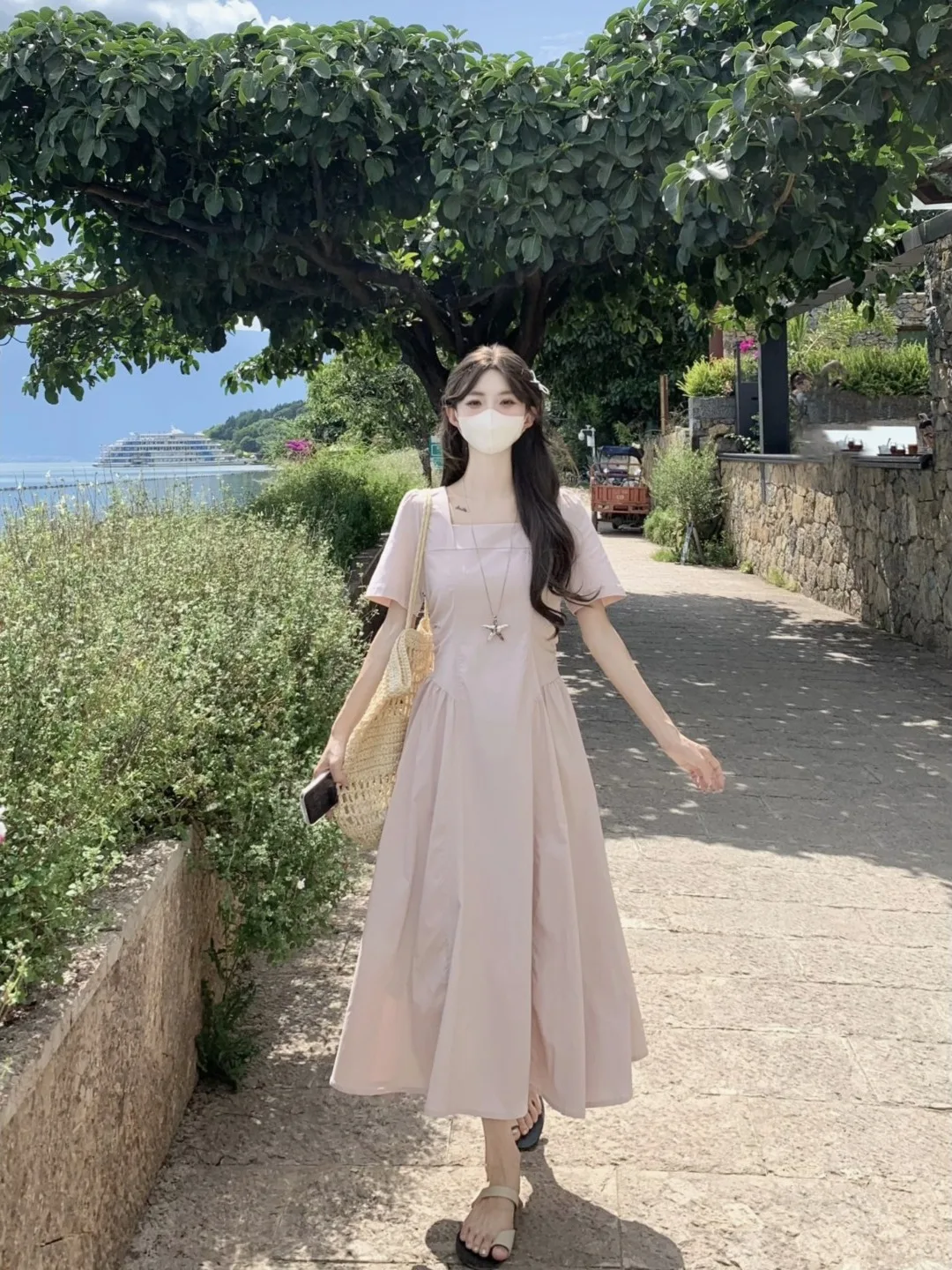 

Elegant plus Size Dress Square Collar Slimming Long Skirt Breathable Comfortable French Style Casual A-Line Gown for Ladies