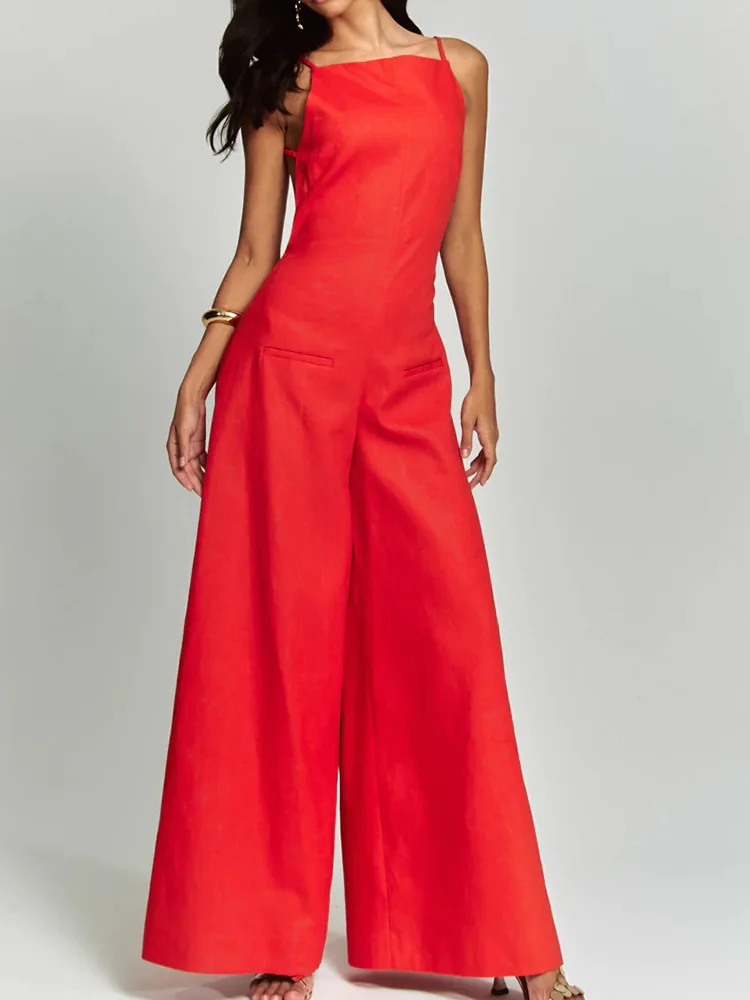Spaghetti Strap Backless Solid Jumpsuits, Women Summer Sleeveless Square Collar Playsuits, New Patchwork Simple Ladies Bodysuits