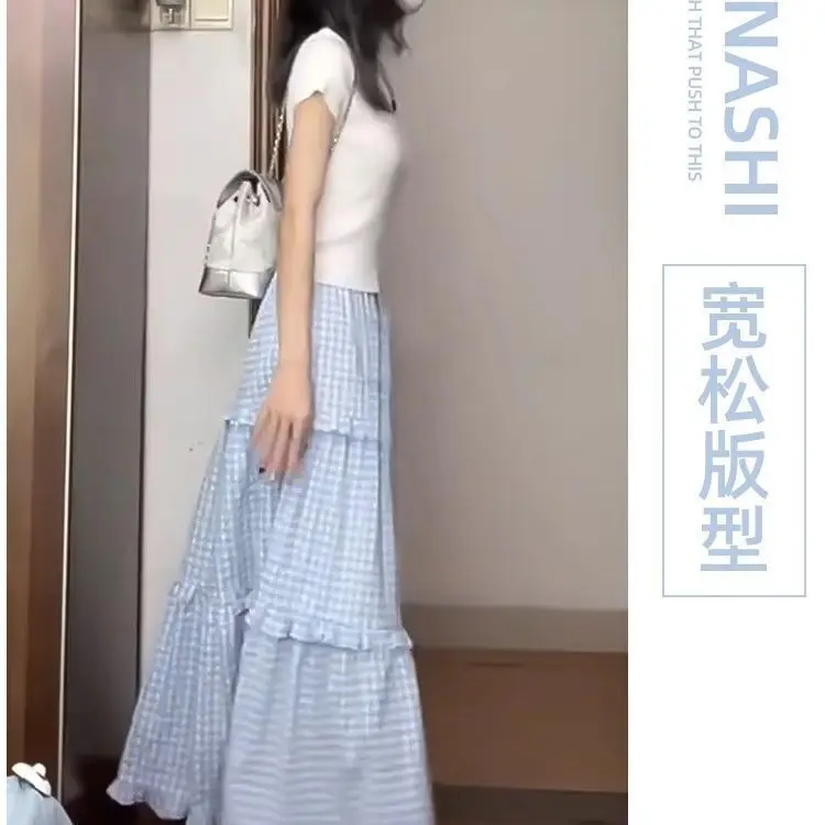 Blauw en wit geruite taartrok dames lente zomer middellange hoge taille afslankende grote uitlopende paraplu