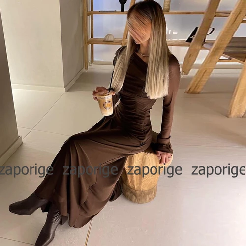Imagen 2 del producto Vestido marrón encantador saudí de gasa drapeado fruncido vestido de ocasión a medida columna y tubo vestidos largos de un solo hombro