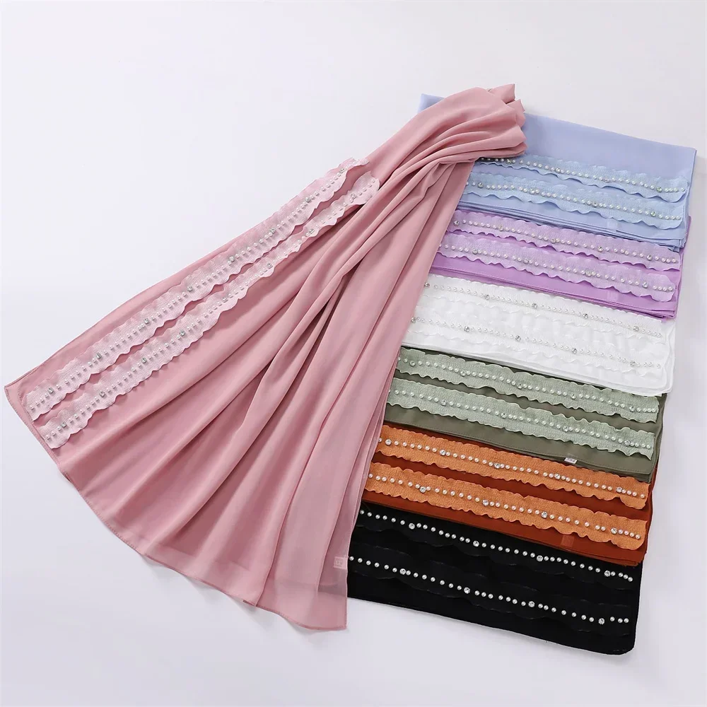 Muslim Women Ladies Premium Heavy Chiffon With Embroidery Malaysia Sulam Shawl Head Scarf With Ruffle Lace Studded Pearl Hijab