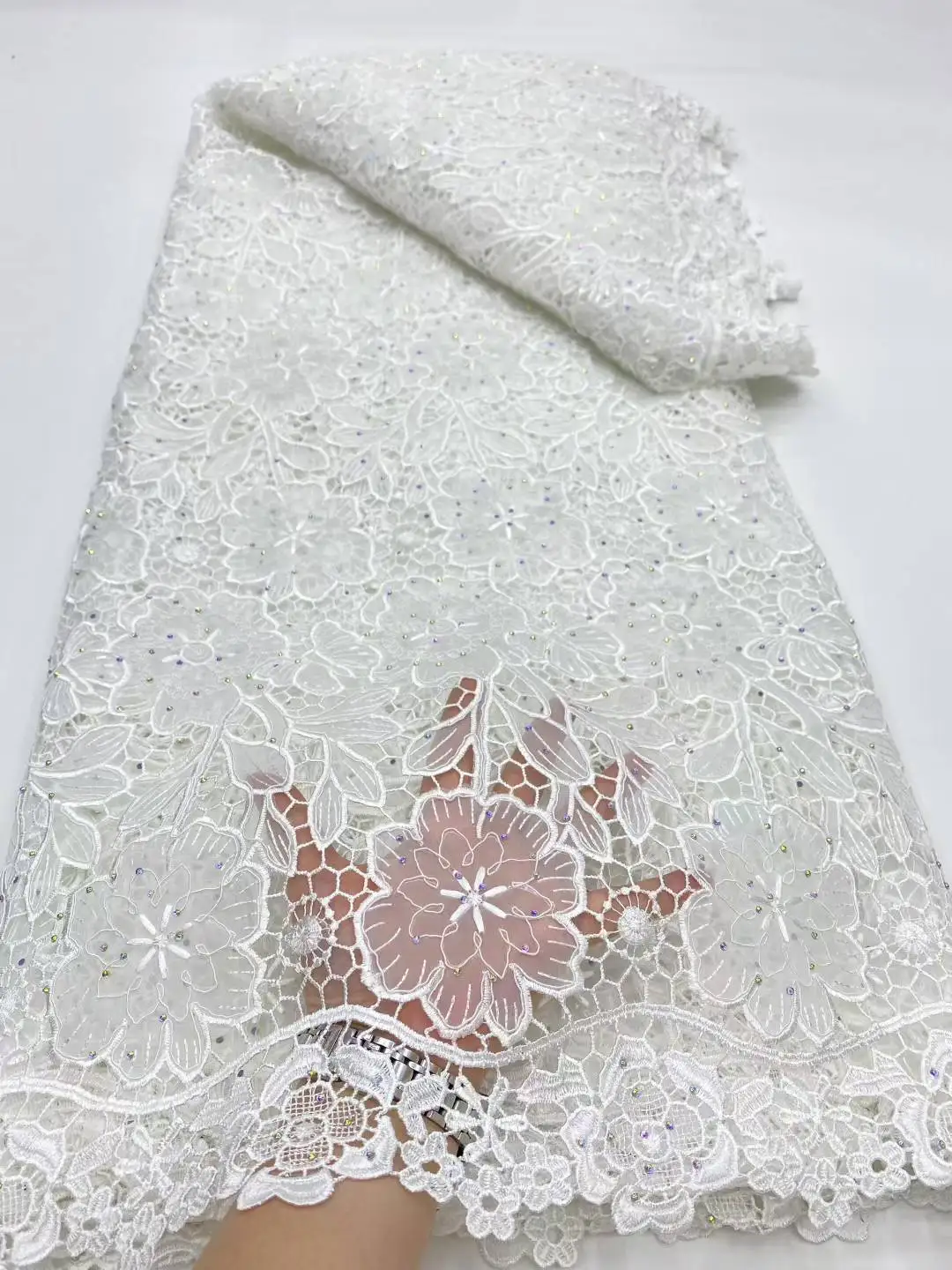 

2025 Stones-Embellished Mesh Net Fabric Design Lace African Hot Sale for Exquisite Wedding Party Dresses or Home Dector