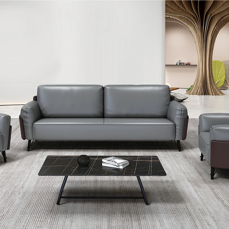 Light Gray Modern Minimalist Leather Modular Multifunctional Office Sofa Set for Apartment Home Office Metal Legs High-Density