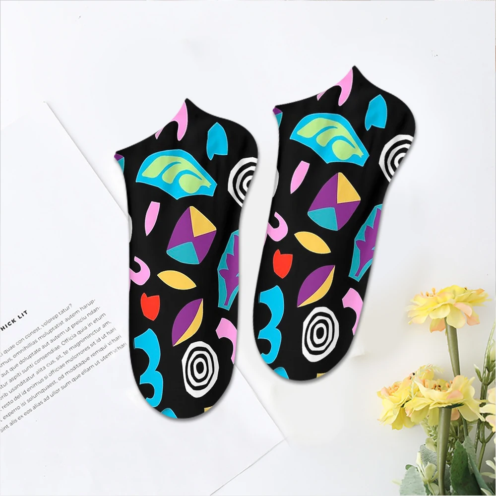 2Pairs ST4 Novelty Black Socks Alphabet & Geometric Graphic Low Cut Ankle Cosplay Socks for Kids Men Women