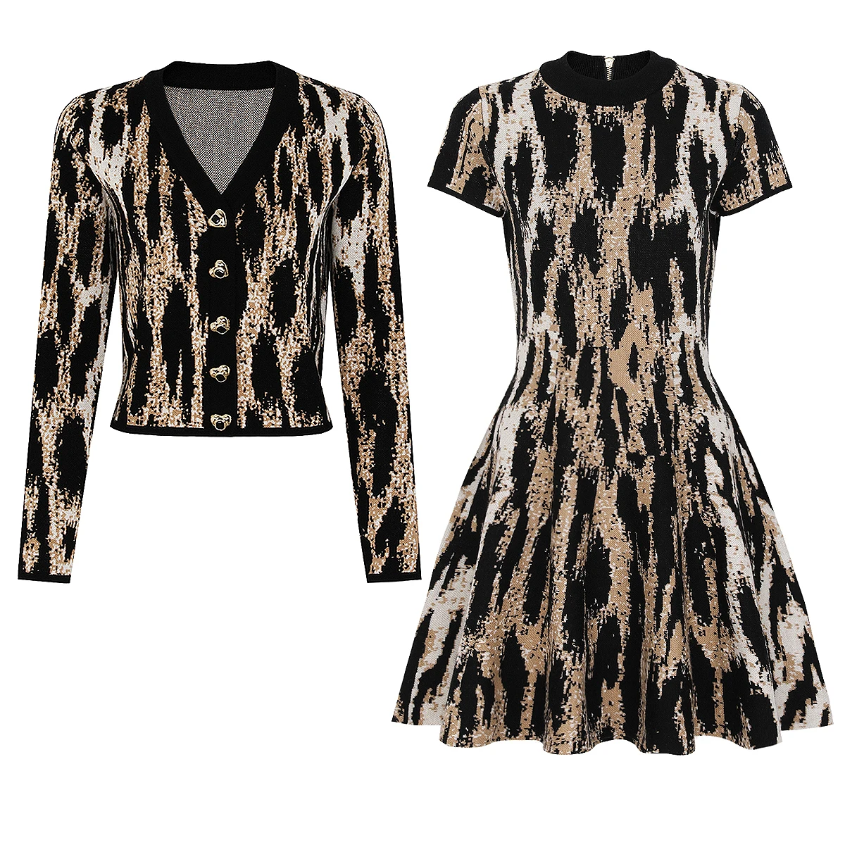 

High Quality Summer New Fashion Temperament Commuting Leopard Print Knitted Top Jacket+Short Sleeved Waist Cinched A-List Dress