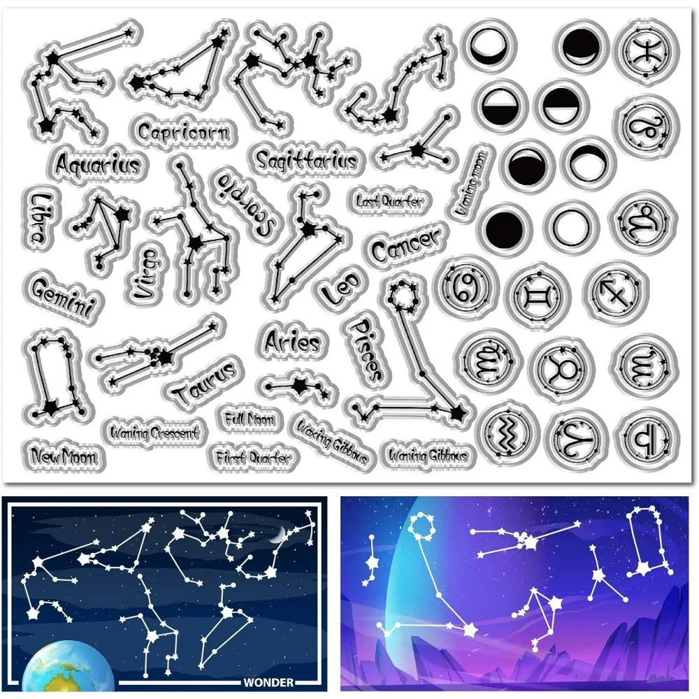 A5 Moon Phase Clear Stamps Rubber Stamp Seals 8.3x5.8Inch for DIY Scrapbooking Decor Constellations for Photo Album Decor