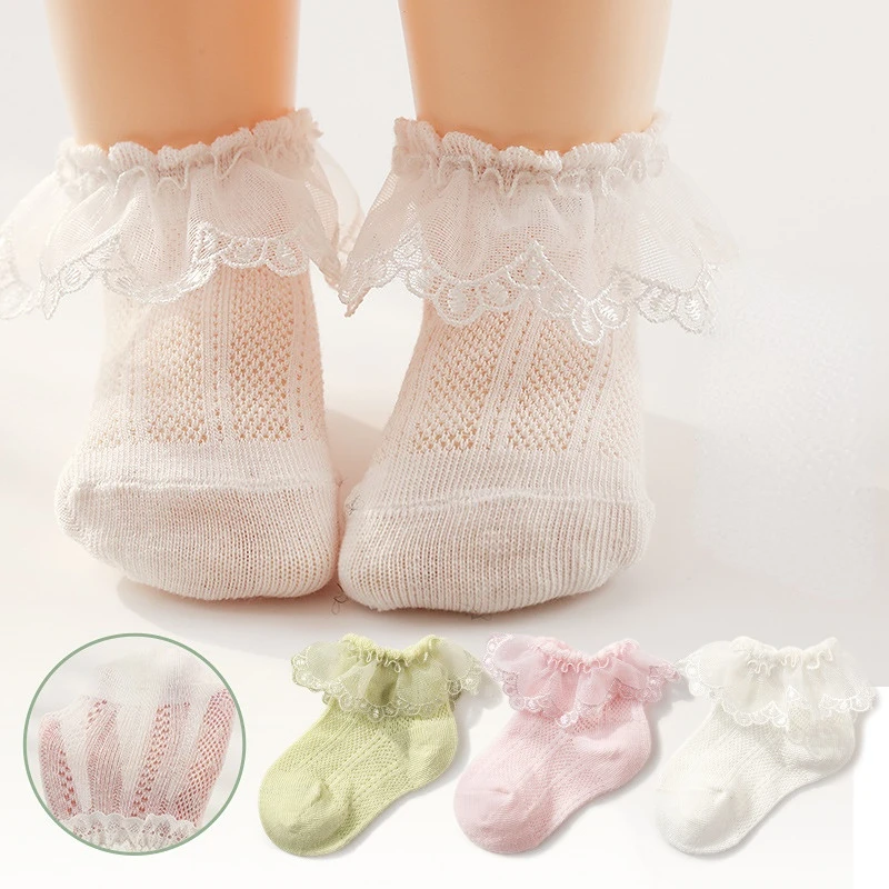 1 Pair Princess Baby Sock Cute Lace Ruffle Short Sock for Toddler Boy Girl Summer Mesh Combed Cotton Frilly Ankle Sock for Kids