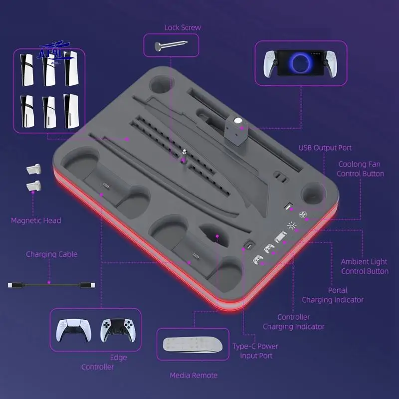 

AF91-Controller Charging Dock With RGB Light Fan Cooling Base Charging Stand For PS5 Pro/Slim/For PS5 Full Series Console