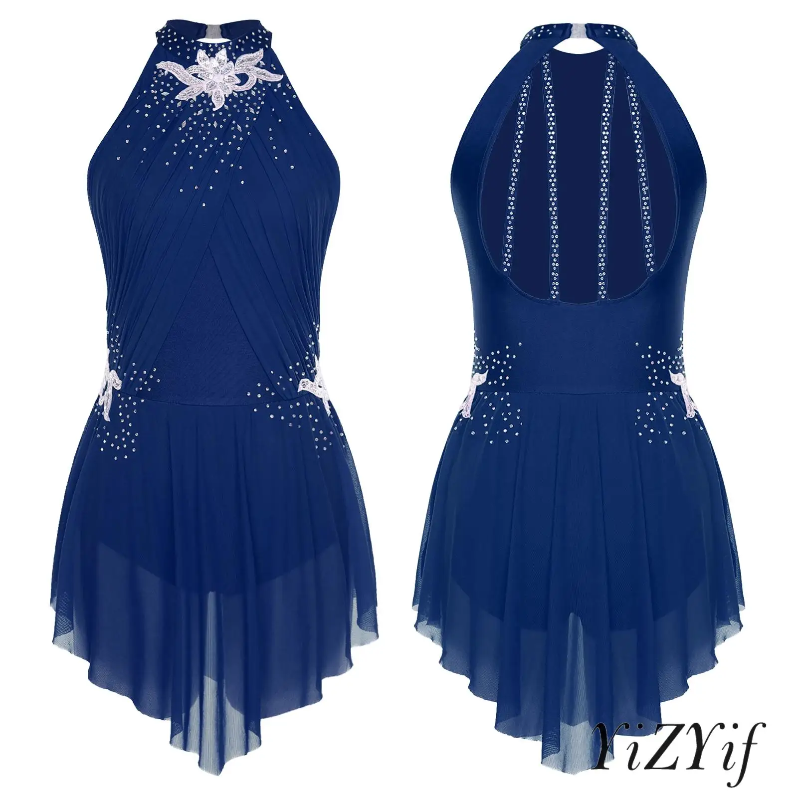 ‌ فستان أنيق لأداء الرقص اللاتيني التانغو للنساء، مزيج قابل للتمدد مع تطريز زهور للرقص الغنائي للتزلج على الجليد