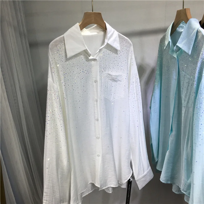 Hot Drilling Diamonds Chiffon Shirts Loose Slim Medium Length Striped Sunscreen Rhinestones Blouses Sun Protection Cardigan Tops