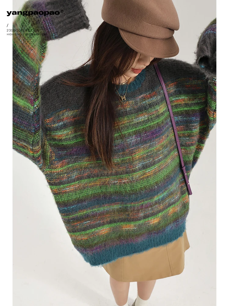 

Свободный женский полосатый свитер из трикотажа с круглым вырезом и длинными рукавами, осенний, модный, для повседневной носки, YP Bubble