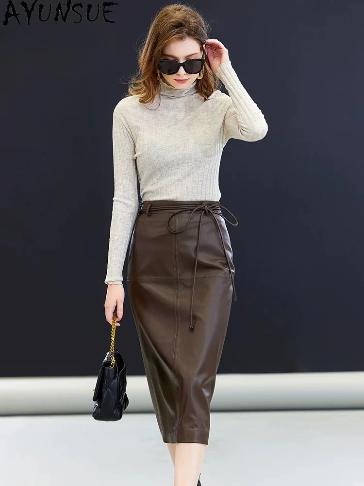 AYUNSUE Genuine Leather Skirts for Women Elegant Sheepskin Bodycon Skirt Fashion High-waisted Skirts Woman Clothing Юбка Женская