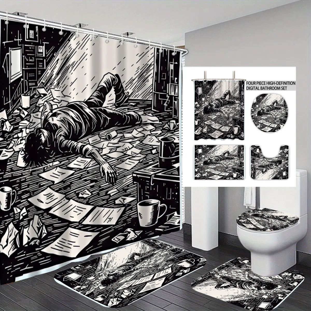 Vintage Black White Office Burnout Man Print 4Pcs Set Retro Shower Curtain Non-slip Bath Mat Absorbent Towel Bathroom Set