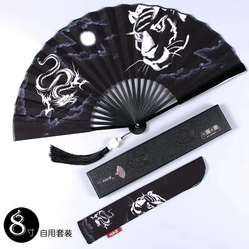 Abanico plegable antiguo, abanico de dragón negro, abanico plegable Hanfu de verano de estilo chino