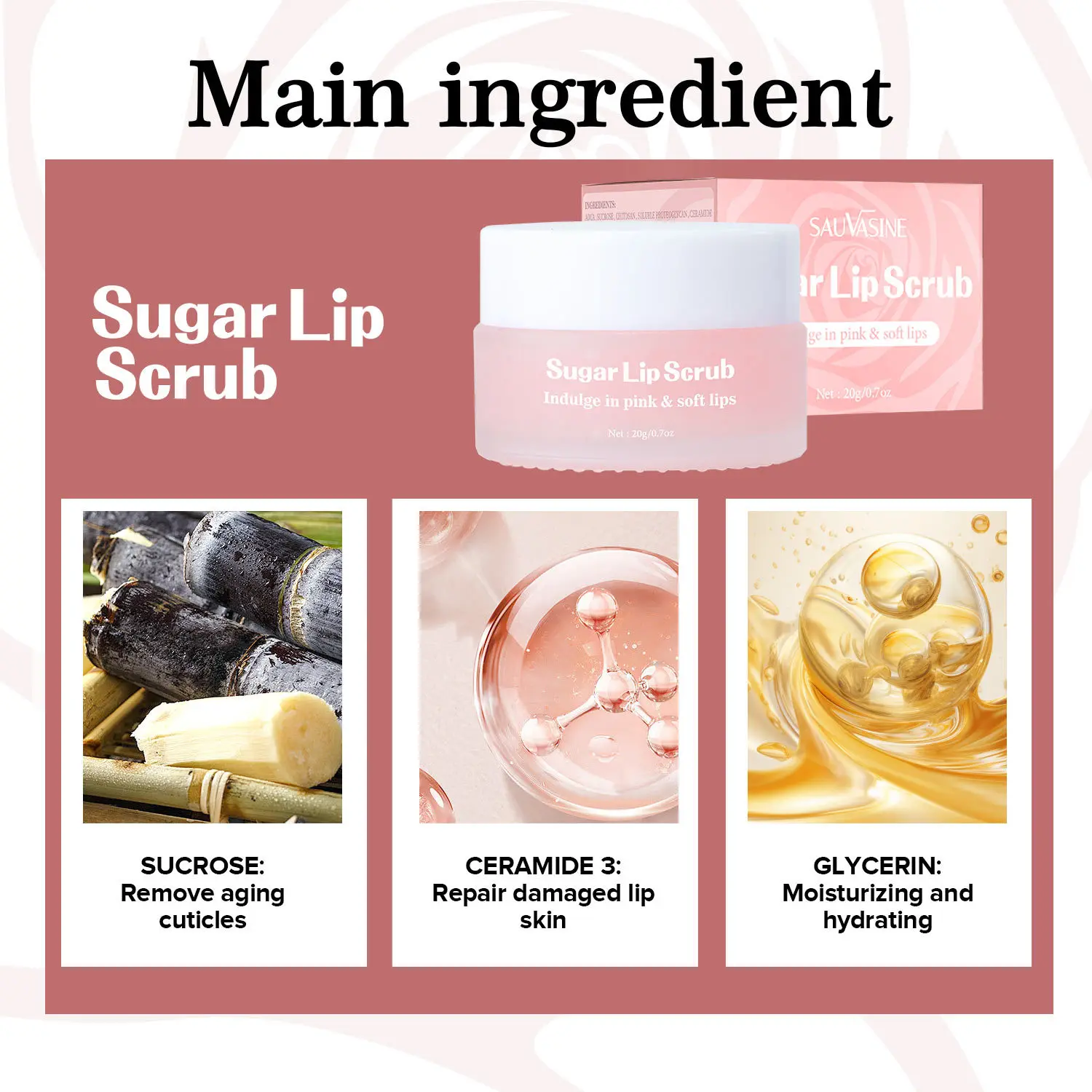 Brown Sugar Lip Scrub Indulge in roze en zachte lippen, hydrateert en hydrateert de lippen Kalmeert en verzacht de lippen, 20 g