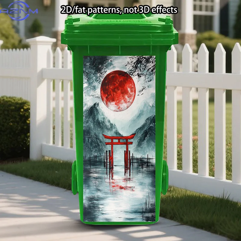 Autocollant de poubelle de style japonais, autocollants artistiques auto-adhésifs Lune Rouge, autocollants de montagne, autocollant décoratif pour poubelle avec poème