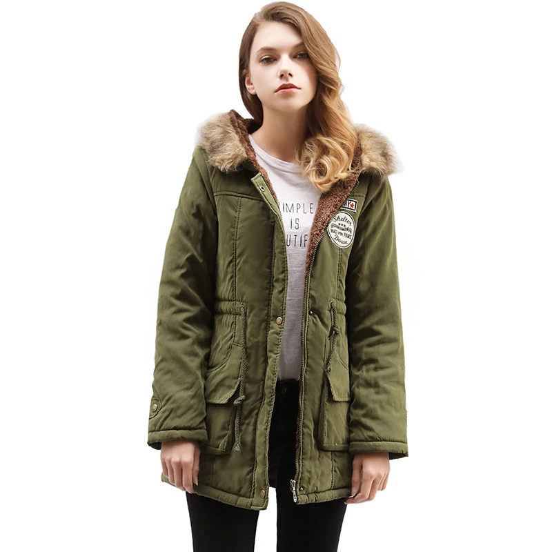 

Women's Winter Hooded Fleece Jacket Solid Color Slim Cotton Parkas Nice Zipper Buttons Fashion Army Green Coats