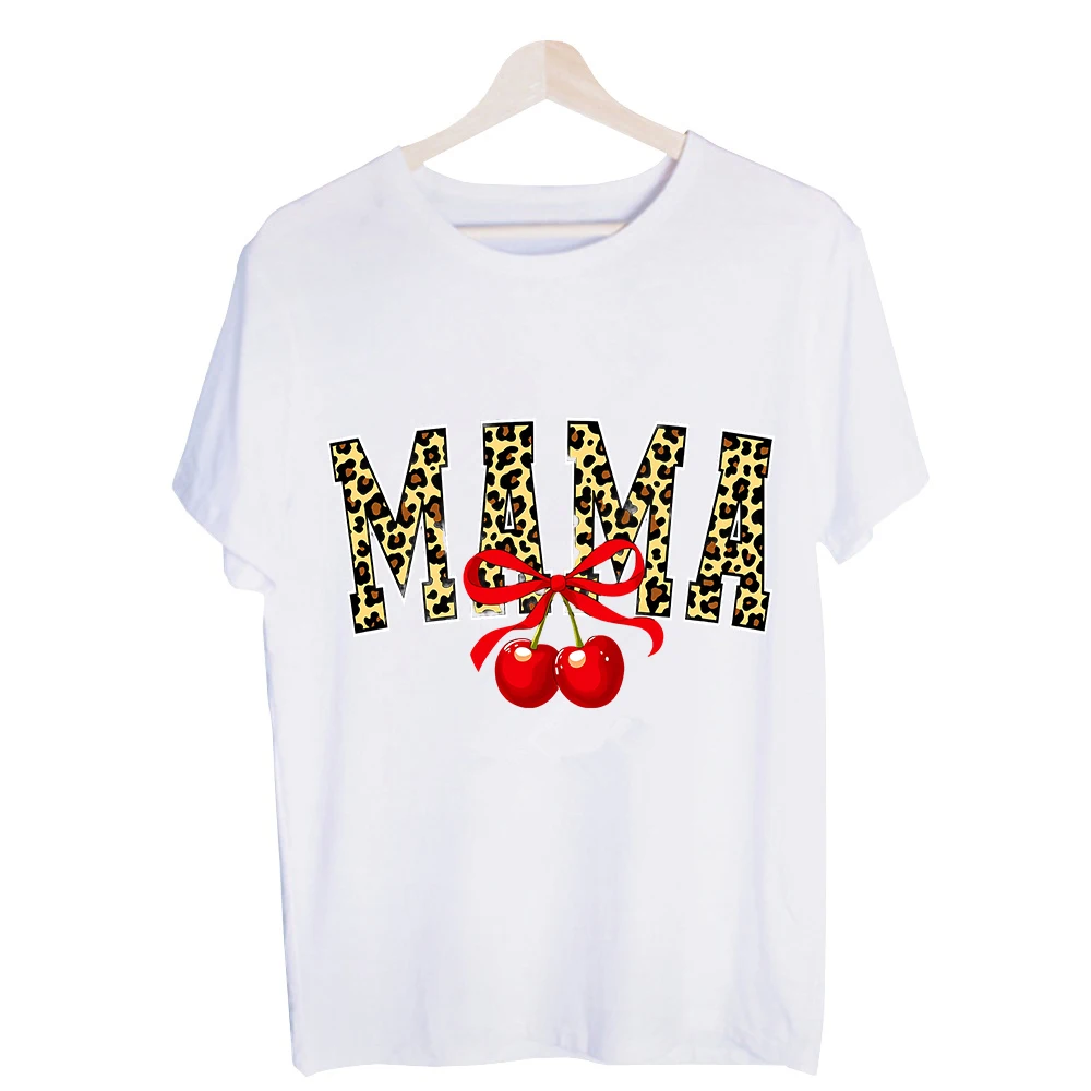Women's Leopard Print Letter and Cherry Graphic Tee, Short Sleeve Crew Neck T-Shirt for Casual Daily Wear and Summer Outfits