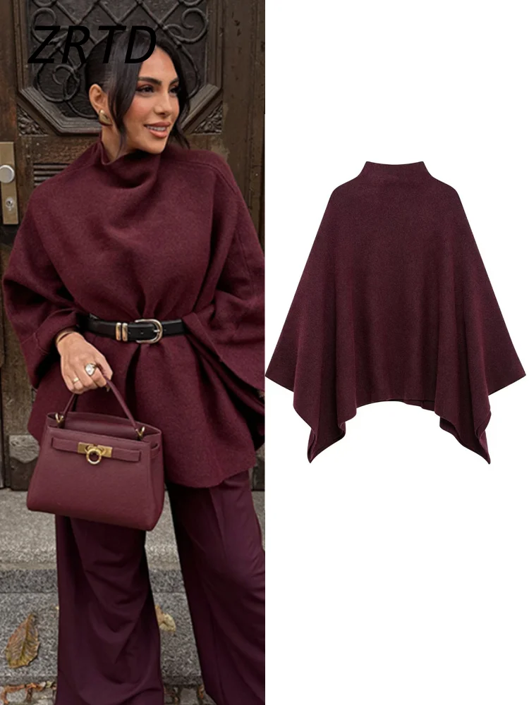 Elegant Women's Burgundy Cloak Turtleneck Sweater Vintage Loose Knit Raglan Sleeve Pullovers 2024 Autumn Lady All-match Knitwear