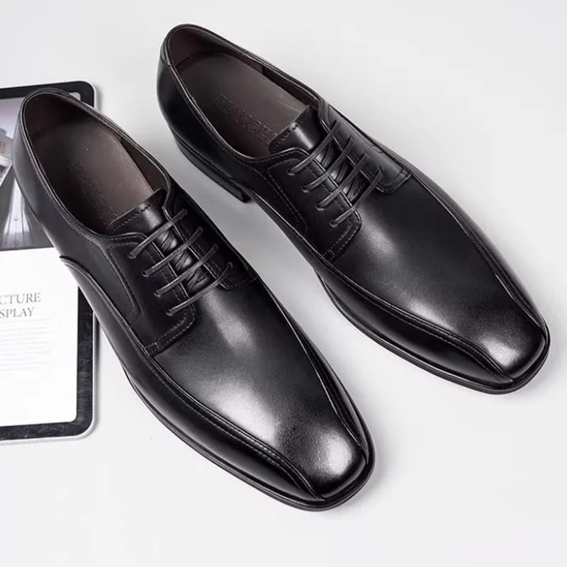 High Quality First-layer Cowhide Square-toe Lace-up Leather Shoes Men's Sheepskin Lining Cowhide Padded Derby Shoes Man Black
