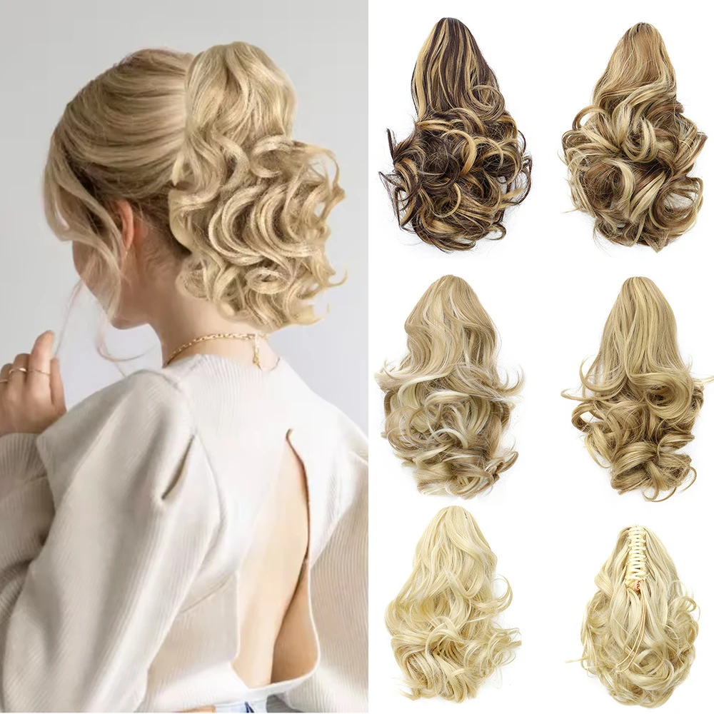 Women's Short Ponytail Tie 12 Inch Short Claw Clip Ponytail Tie Curled Wavy Synthetic Ponytail