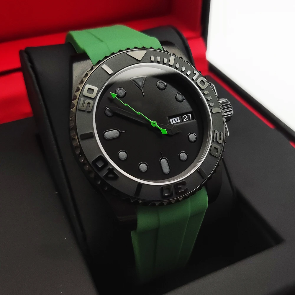 40mm Dress Mechanical Men\'s Automatic Watch Black PVD Case Sapphire Glass Japan NH36 Movement Rubber Strap Black Green