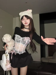 QWEEK Coquette Y2k Sexy Lace Crop T Shirt Women 2024 Fashion Korean Kpop Streetwear Patchwork Tees Black Long Sleeve Top