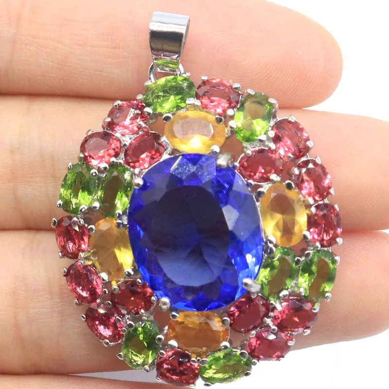 

45x33mm Hot Sell 10g Big Size Smokey Topaz Iolite Red Ruby Rhodolite Garnet Purple Spinel Woman's Gift Silver Pendant