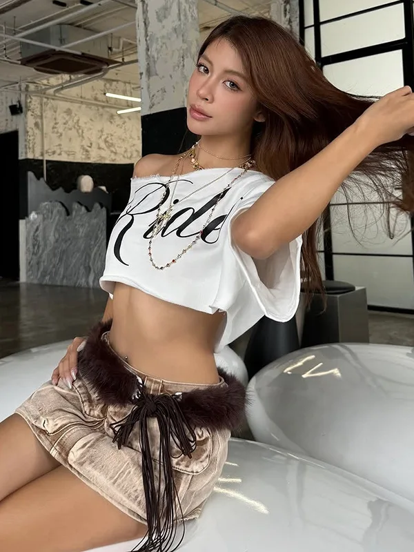 Spring 2026 Women's Loose Fit Printed Short Sleeve T-Shirt Cross-Border Style Fashionable Belly-Baring Asymmetrical Collar Top