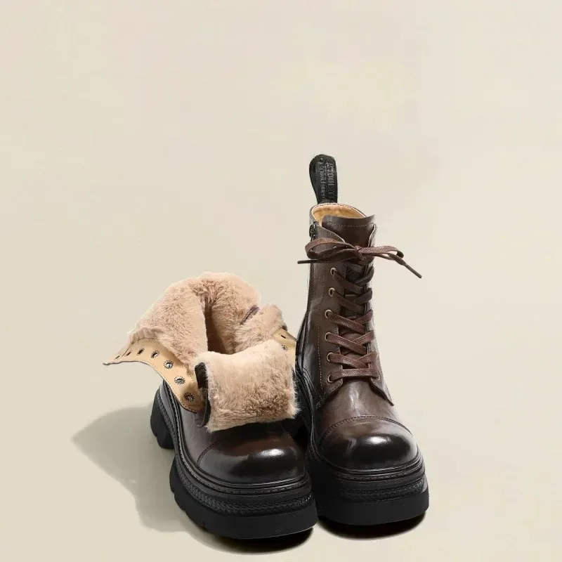 Botas de invierno para mujer, botas de nieve cálidas de felpa, cómodas, con plataforma creciente de altura, botas cortas marrones impermeables con cordones
