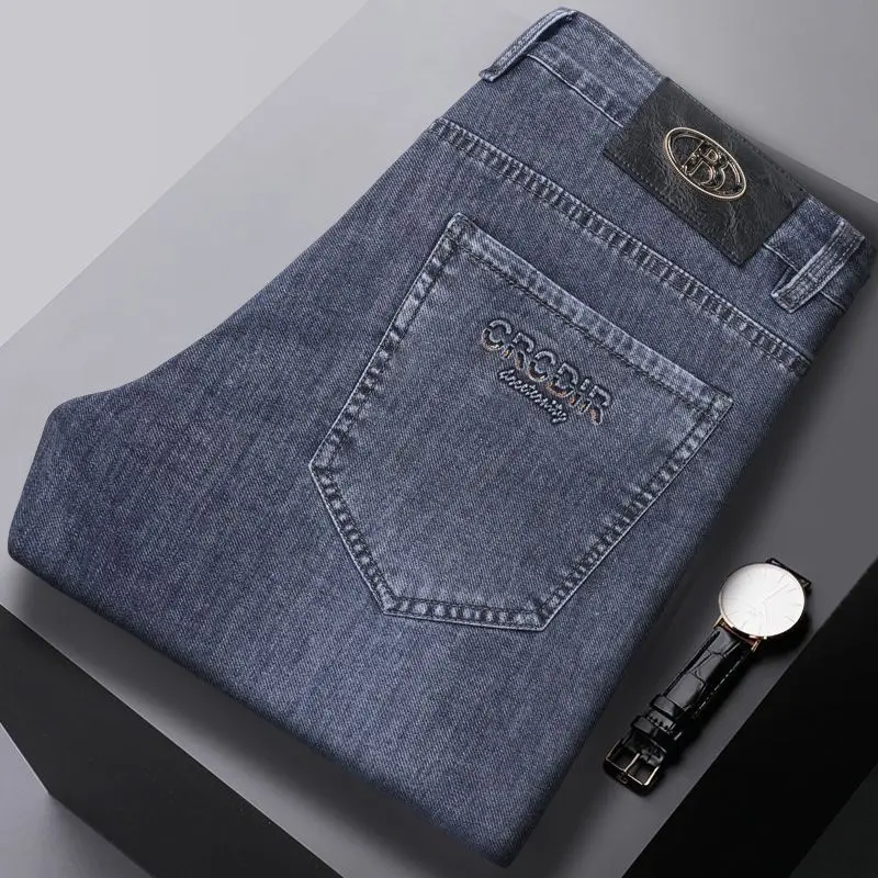 

Spring Summer Men High Waist Stretch Business Jeans Daily Baggy Straight Casual Denim Pants Male Classic Simplicity Trousers