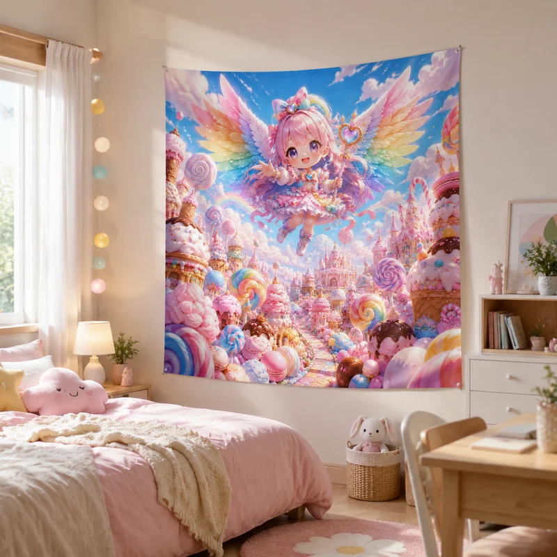 VIKAMA Macaron Sweet Angel Tapestry, Dreamy Candy Kingdom Cloud Wall Hanging, Winged Girl Print Wall Hanging, Home Decor