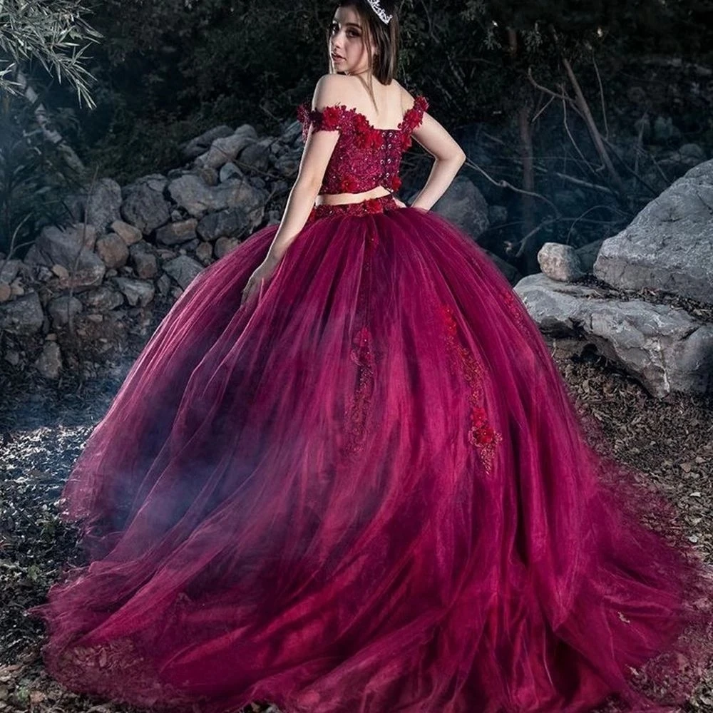 ANGELSBRIDEP-vestido De baile De dos piezas, traje De quinceañera con hombros descubiertos, apliques De cuentas, Vestidos De fiesta De princesa, 15 Años