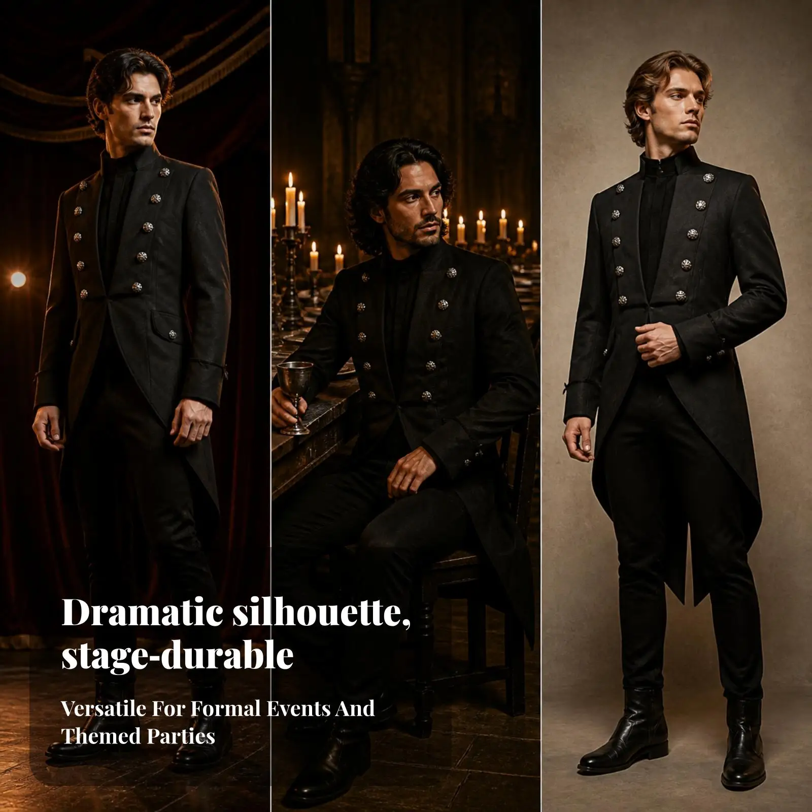 Men Retro Suit Jacket Vintage Frock Coat with Double Metal Buttons for Stage Performance and Cosplay Theatrical Costume