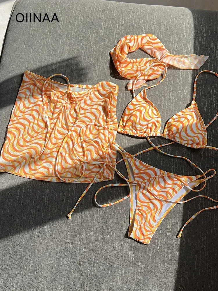OIINAA ストライプ水着女性のセクシーなヘアバンドビキニスーツラップアラウンド 4 ピースプリントビーチウェアレースアップ海水浴水着