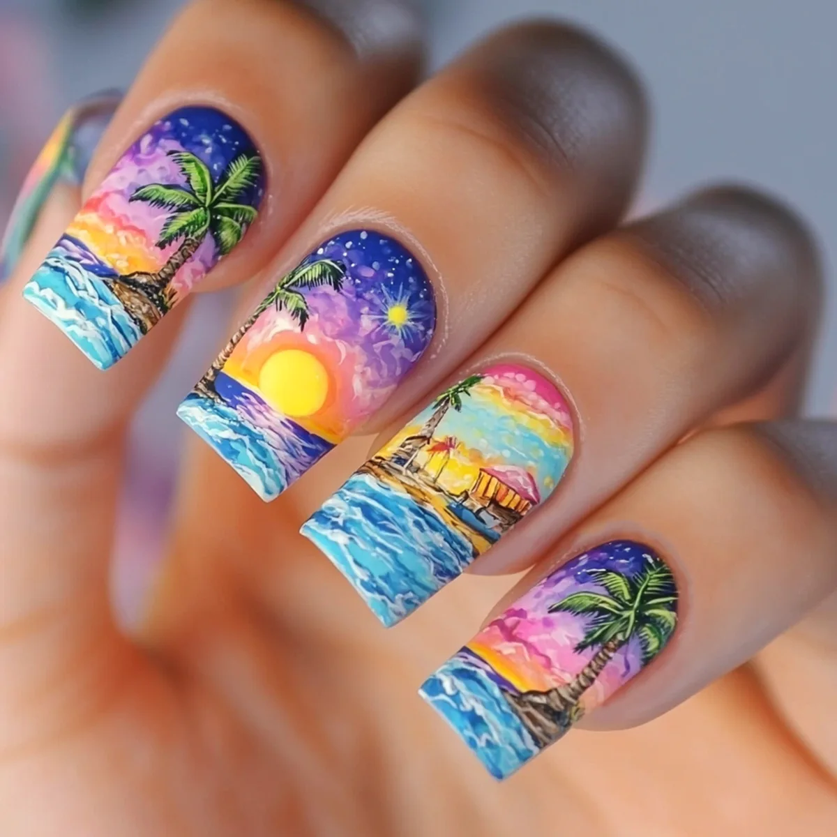 

24Pcs Long Square Coffin Nails Art Summer Seaside Colorful Sunset Pattern with Coconut Trees Wearable Active Nails Set Press On