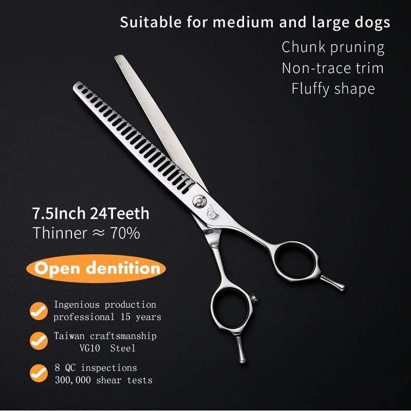 Crane VG10 Stainless Steel 7.5 Inch 24 Teeth Pet Dog Grooming Scissors High Quality Thinning Shears For Dogs Thinning Rate 70%