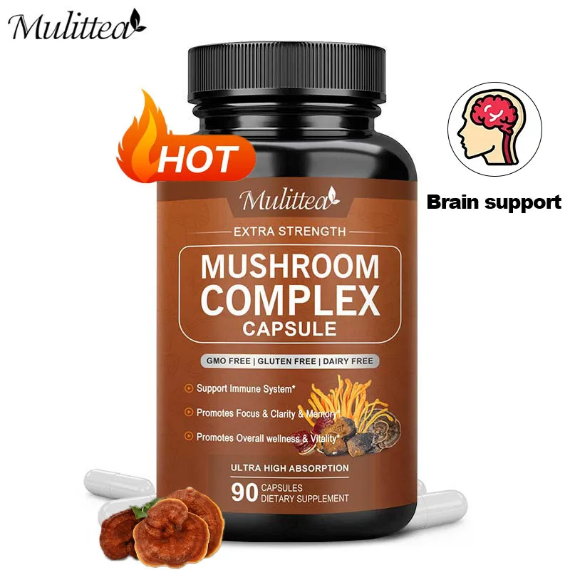 Mulittea 10x Mushroom Complex capsules with Lions Mane, Chaga, Reishi Nootropic Brain Supplement for Memory and Focus