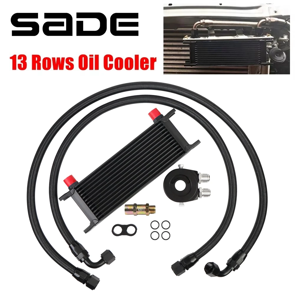 Universal 13 Rows Transmission Oil Cooler with AN10 Oil Filter Sandwich Adapter Nylon Braided Fuel Hose Mounting Kit