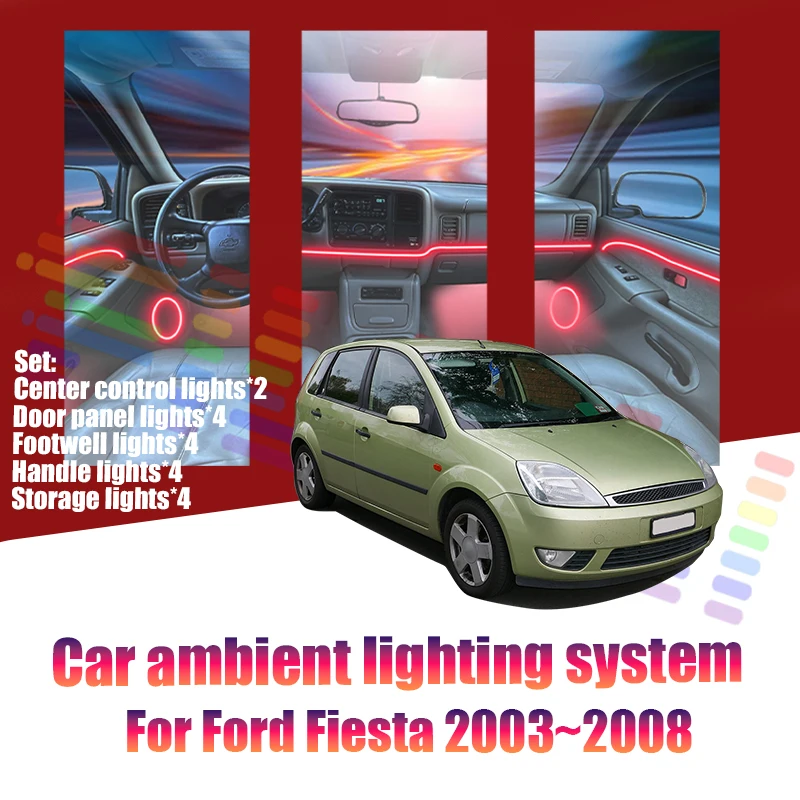 Luces LED Ambientales para Ford Fiesta 2003~2008 MK5, Luces de Atmósfera Coloridas, Tira de Neón Interior para Auto, Iluminación RGB de 64 Colores, Pieza de Auto