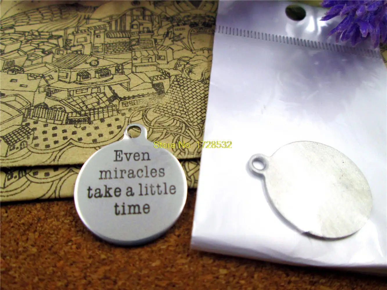 

20pcs/lot--20mm stainless steel circle round "even miracles need a little time"one side DIY Charms Pendants