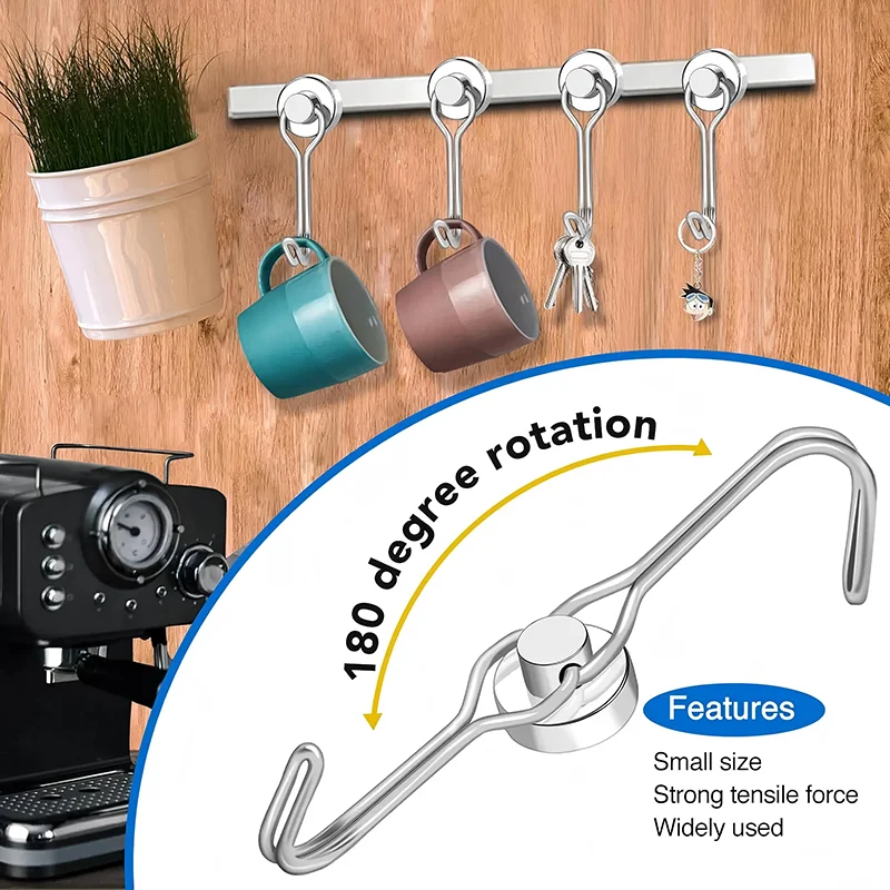 2/6/10/20Pcs Black Magnetic Hook Heavy Duty Magnetic Hangers Extra Strong Magnets with Hook for Hanging Resistant Base Rotate
