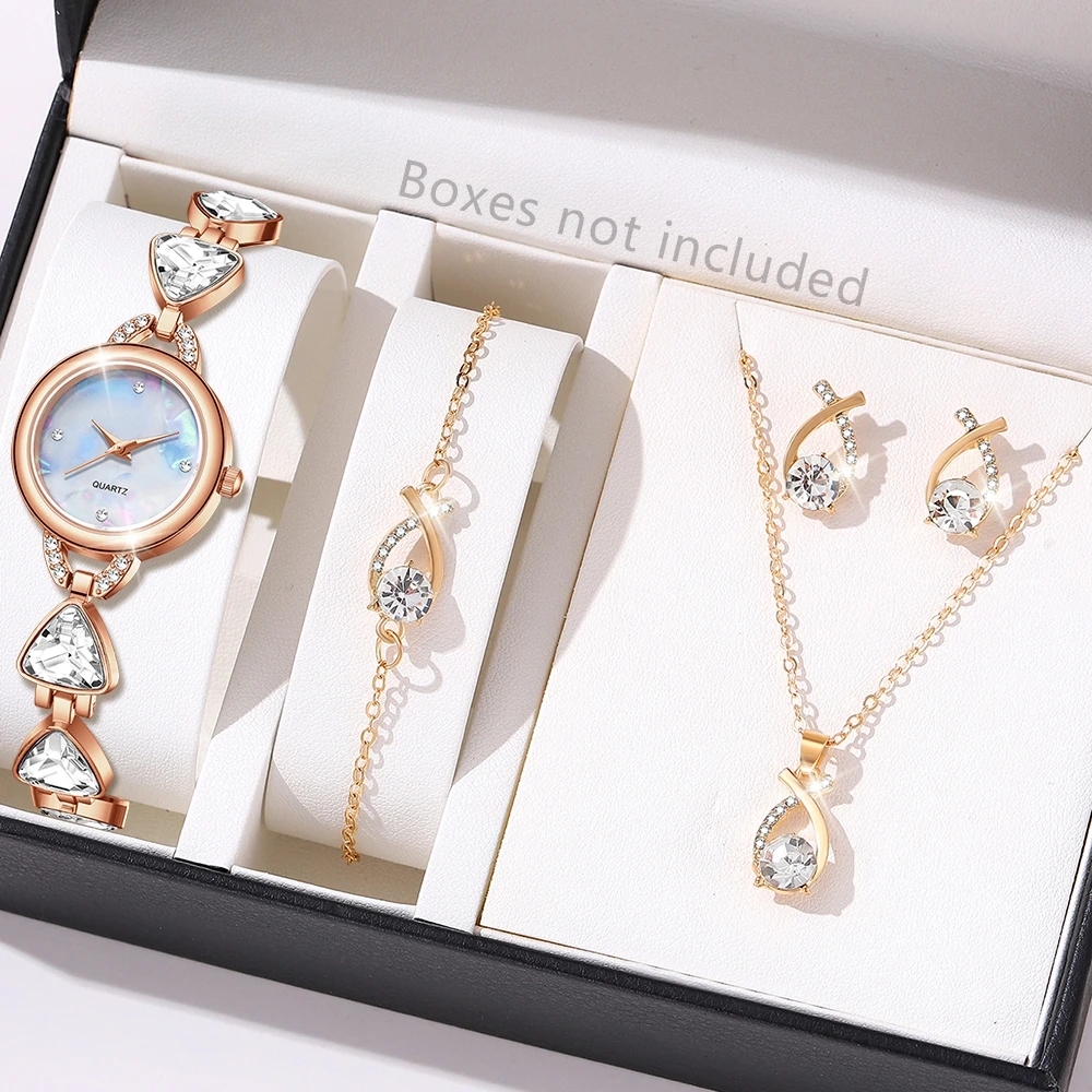 Conjunto de reloj de mujer de 5 uds., reloj de cuarzo de lujo a la moda, conjunto de pendientes y collar de mano adecuado para ropa diaria, regalo perfecto a juego