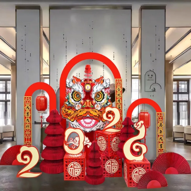 

New Year's combination ornament 2026 lion head decoration window beauty exhibition hall custom arch lion display props