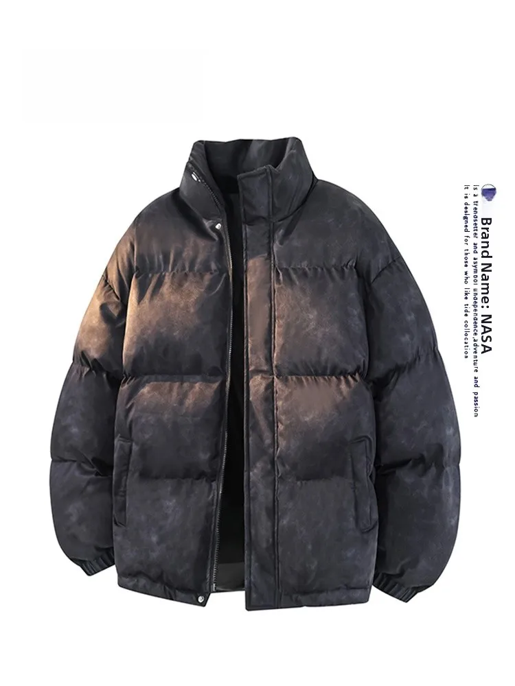 Męska kurtka zimowa w stylu retro tie-dye, wykonana ze skóry, bawełny i poliestru, ocieplana, ciepła, w stylu chlebaka, modna, zapinana na zamek.